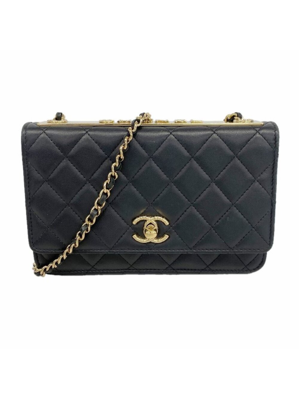 Chanel Wallet on Chain Quilted Lambskin Black Champagne Gold Shoulder Bag